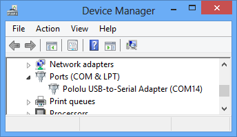 Если вы сейчас зайдете в диспетчер устройств вашего компьютера и развернете список «Порты (COM и LPT)», вы должны увидеть «Pololu USB-to-Serial Adapter» в качестве одного из COM-портов